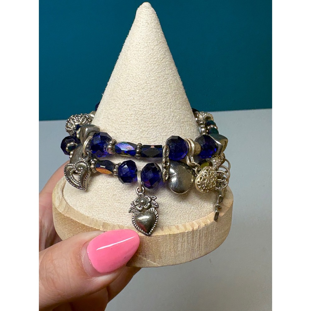 Blue Glass Beaded Heart Charm Stretch Bracelet Silver Tone Wings Letter M